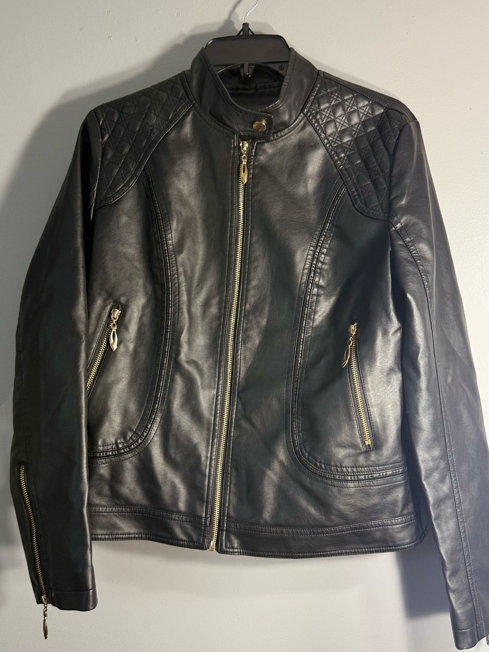 Black Quilted Shoulder Leather Jacket - Women's Coat